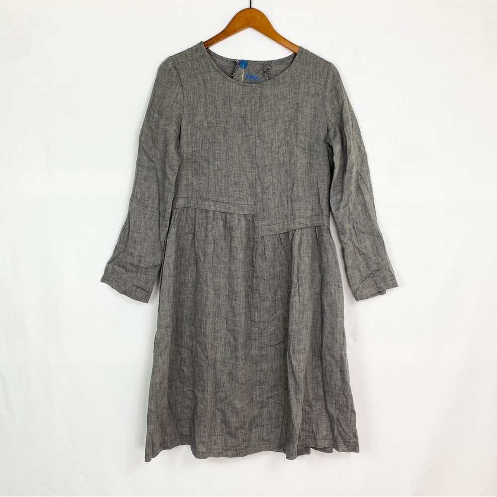 YUVITA Melange Linen Dress Gray Breezy Midi Scoop‎ Neck Long Sleeve Lightweight